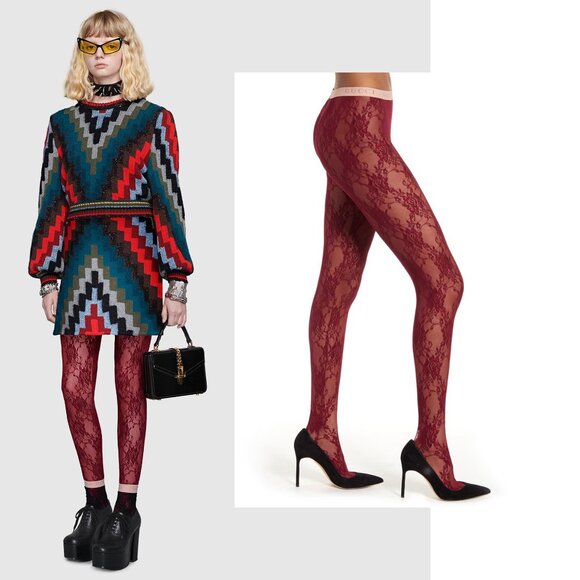 GUCCI TIGHTS SCARLET FLORAL LACE LOGO WAISTBAND sz M / MEDIUM - Picture 1 of 14